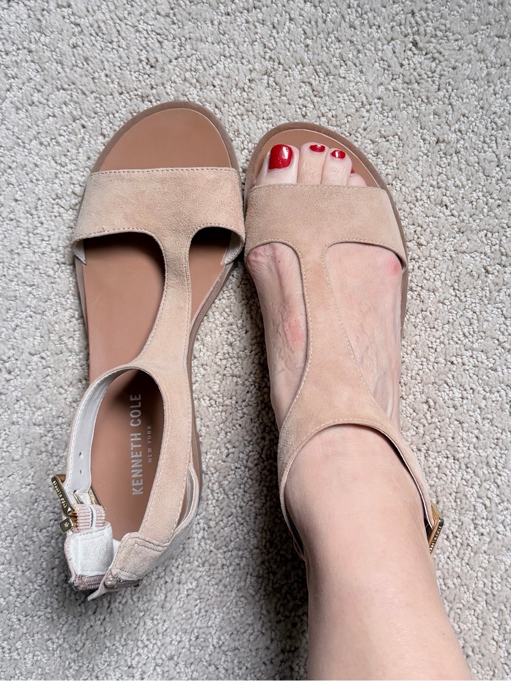 Kenneth Cole Women’s Suede T-Strap Sandals in Beige